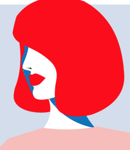 Illustration abstraite d'une femme en profil, avec des cheveux et lèvres rouges vifs sur fond bleu.