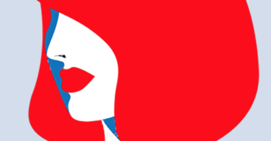 Abstrakte Illustration einer Frau im Profil mit leuchtend rotem Haar und Lippen auf blauem Hintergrund.