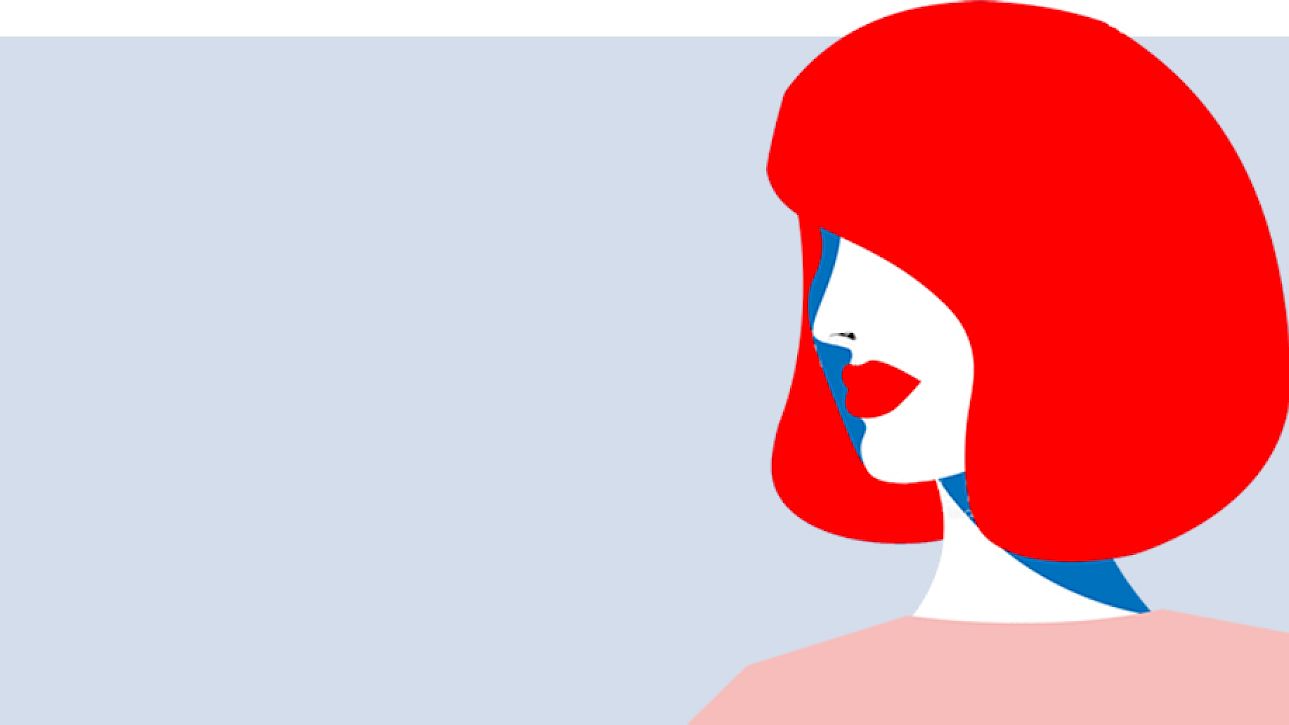 Illustration du profil d'une femme stylisée aux cheveux rouges sur fond gris clair.