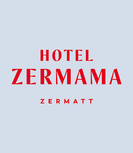Texte: "Hotel Zermama Zermatt" sur fond bleu clair en rouge.