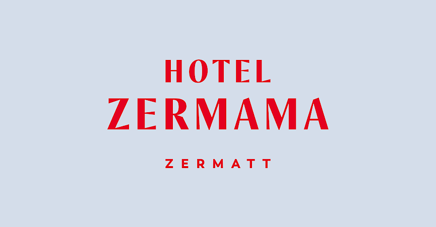 Text: "Hotel Zermama Zermatt" auf hellblauem Hintergrund in roter Schrift.