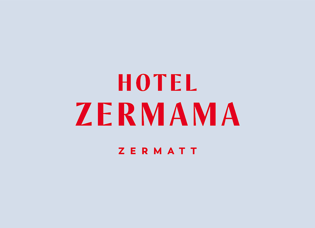 Logo de l'Hôtel Zermama à Zermatt, avec texte rouge sur fond bleu clair.