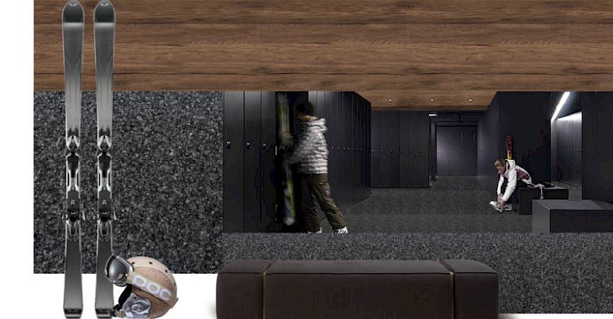 Ski room with skis, helmet, and modern dark interior. Two people near the lockers.