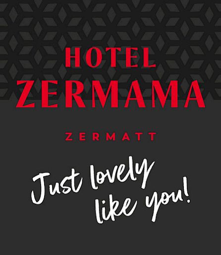 Hotel Zermama Logo vor hexagonalem Muster, Zermatt, mit Slogan "Just lovely like you!" in verspielter Schrift.