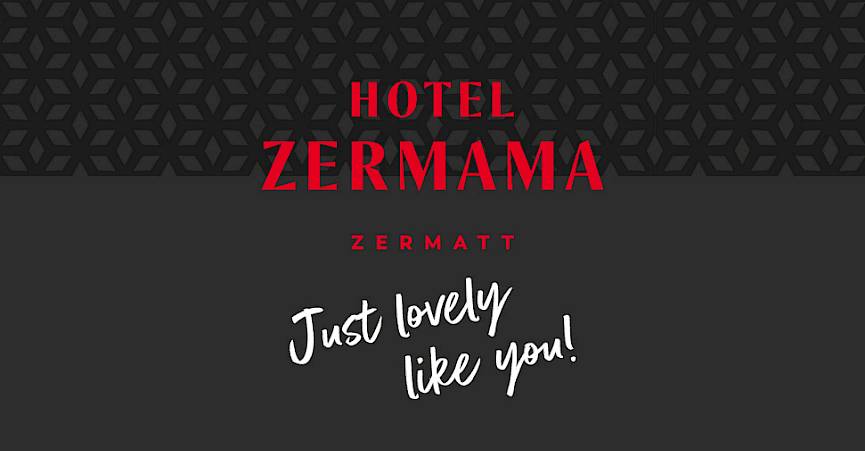 Hotel Zermama Logo vor hexagonalem Muster, Zermatt, mit Slogan "Just lovely like you!" in verspielter Schrift.