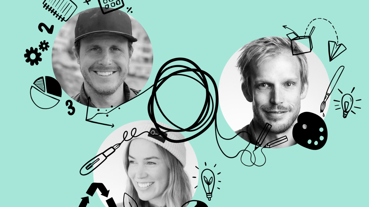 Three person portraits on a green background with creative doodles like light bulbs and arrows.