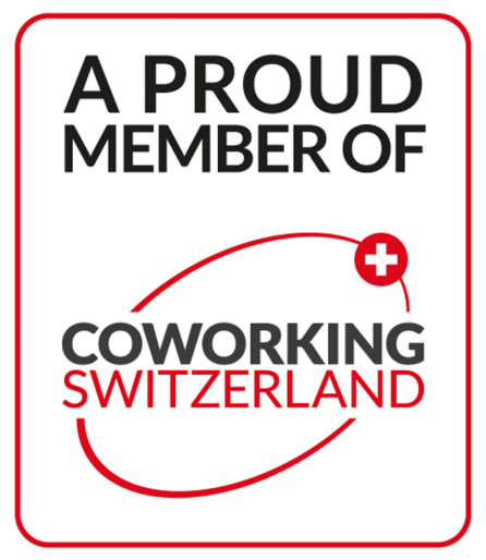 Ein Badge mit der Aufschrift: "A Proud Member of Coworking Switzerland" in Schwarz und Rot.